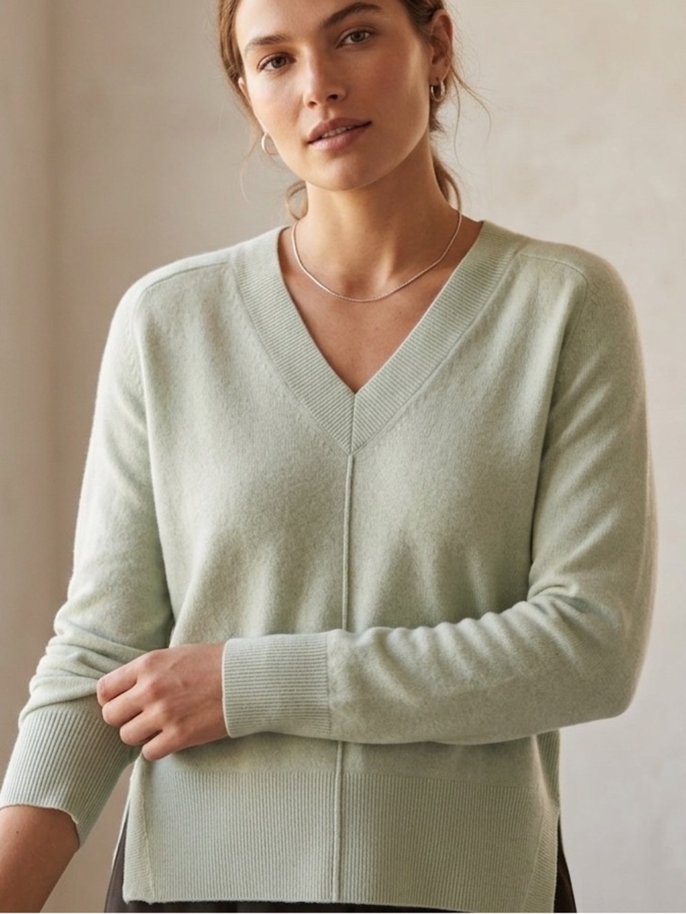 AYR Cashmere V-Neck Lightweight Knit Sweater in Pale Mint (T3)
